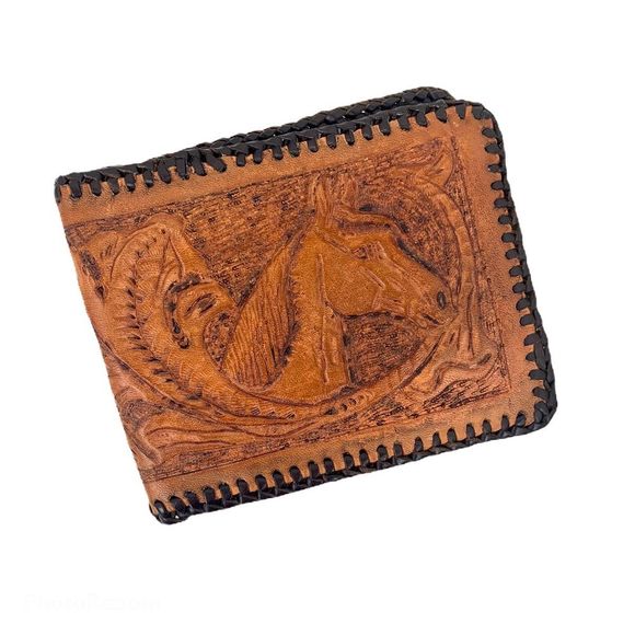 Vintage Tooled Leather Folding Wallet Billfold - Picture 1 of 4